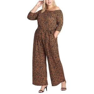 Lane Bryant Brown Black Leopard‎ 3/4 Sleeve One-Shoulder Hacci Jumpsuit 34/36